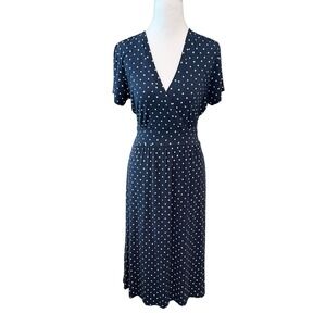 L.L.Bean Women's Summer Knit Midi Dress M Navy White Polka Dots Casual Coastal